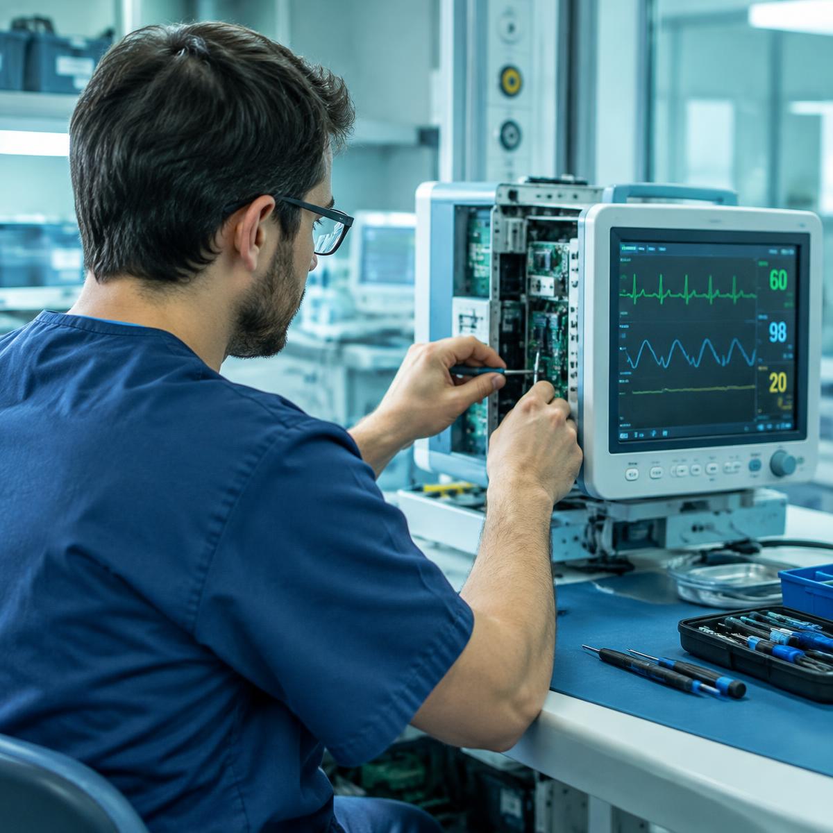 Engineer servicing a patient monitor (illustrative)