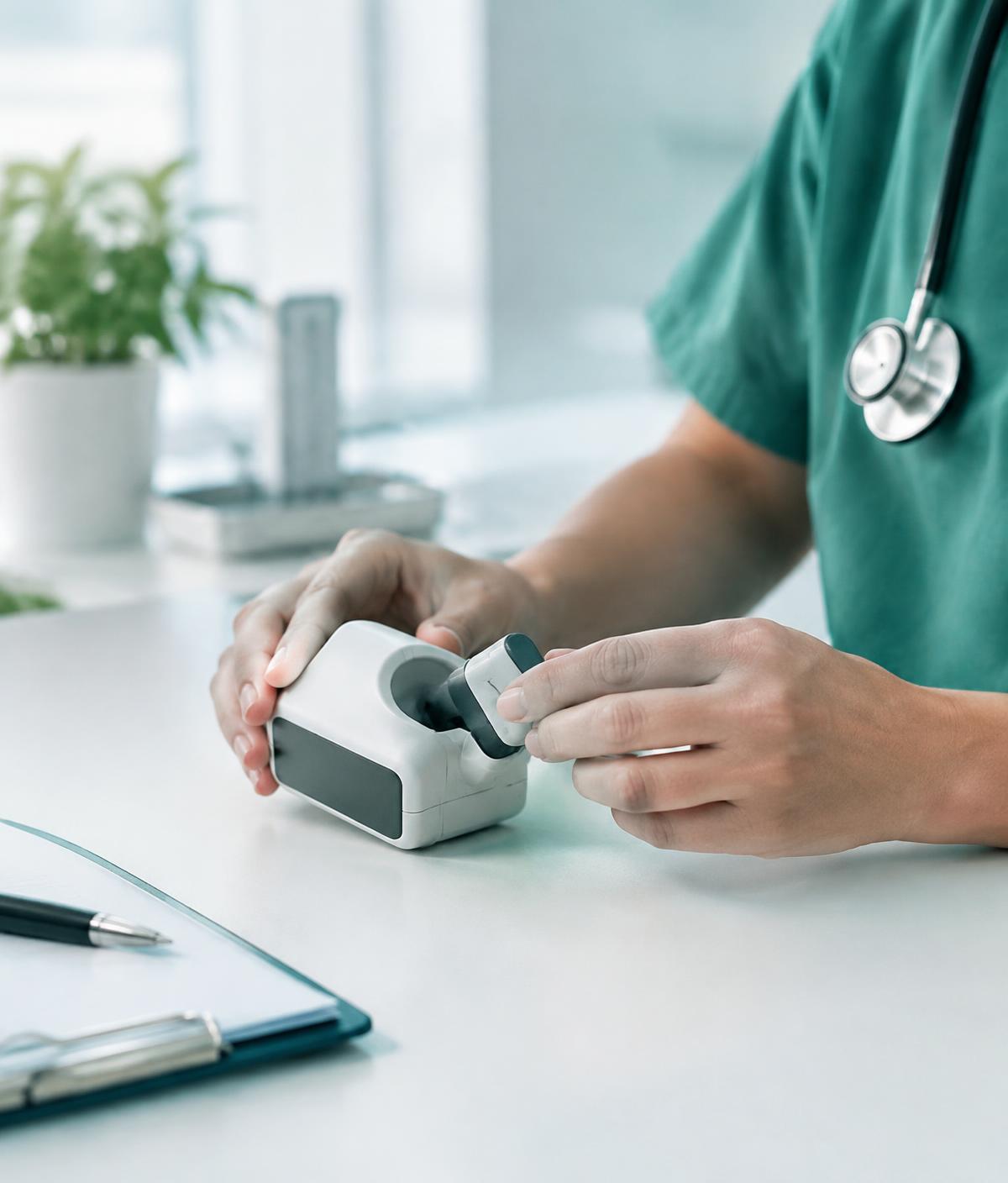 Clinician handling a medical device (illustrative)